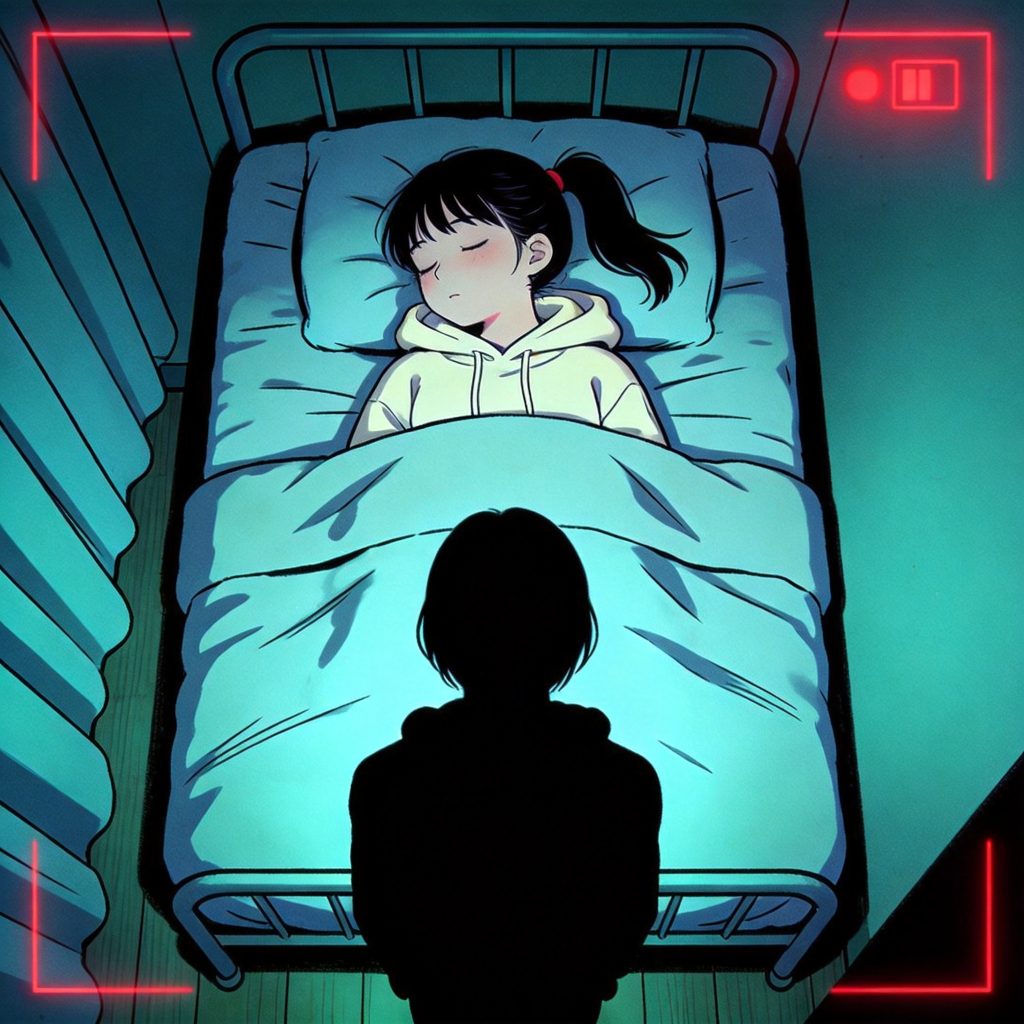 监控夜视画面里，床尾站着一个一动不动的黑影