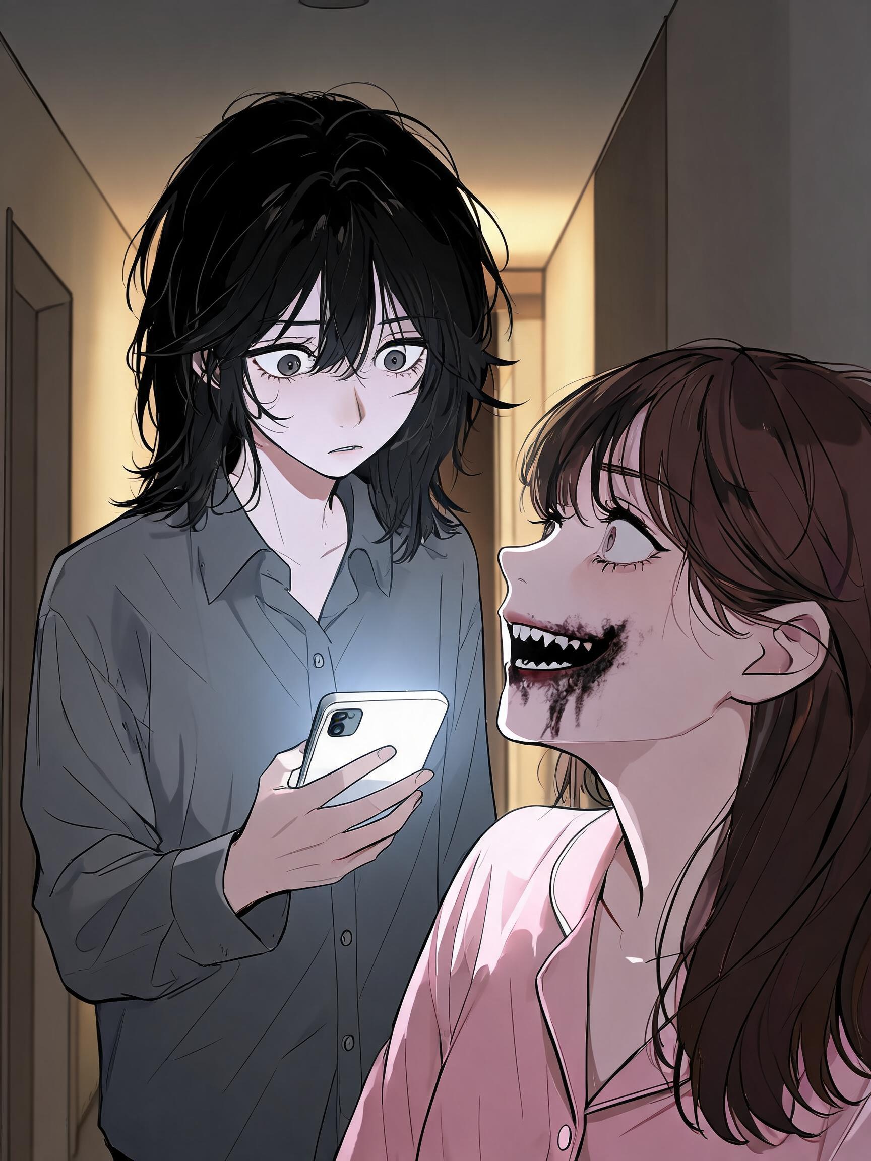 穿睡衣的女生抬头笑,嘴边沾着深褐色的污渍