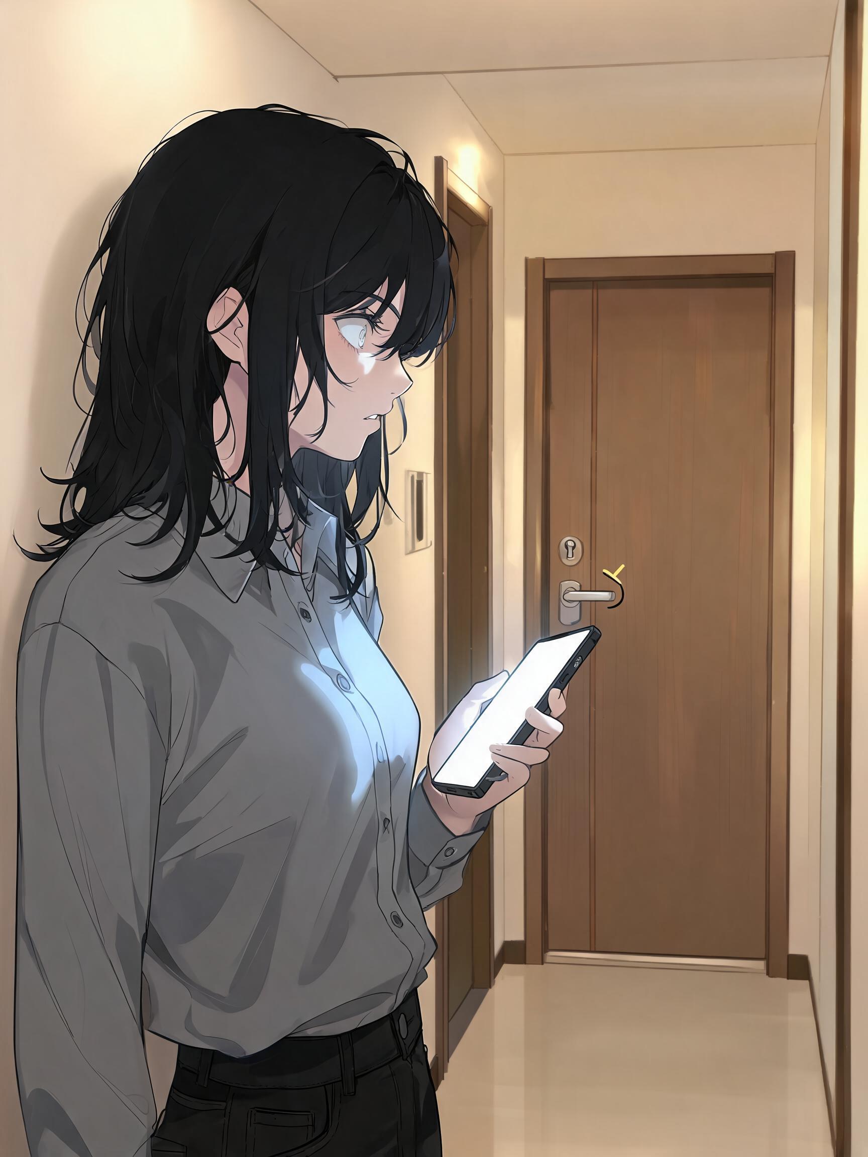 女生回头看向家门,门锁正从外面慢慢转动