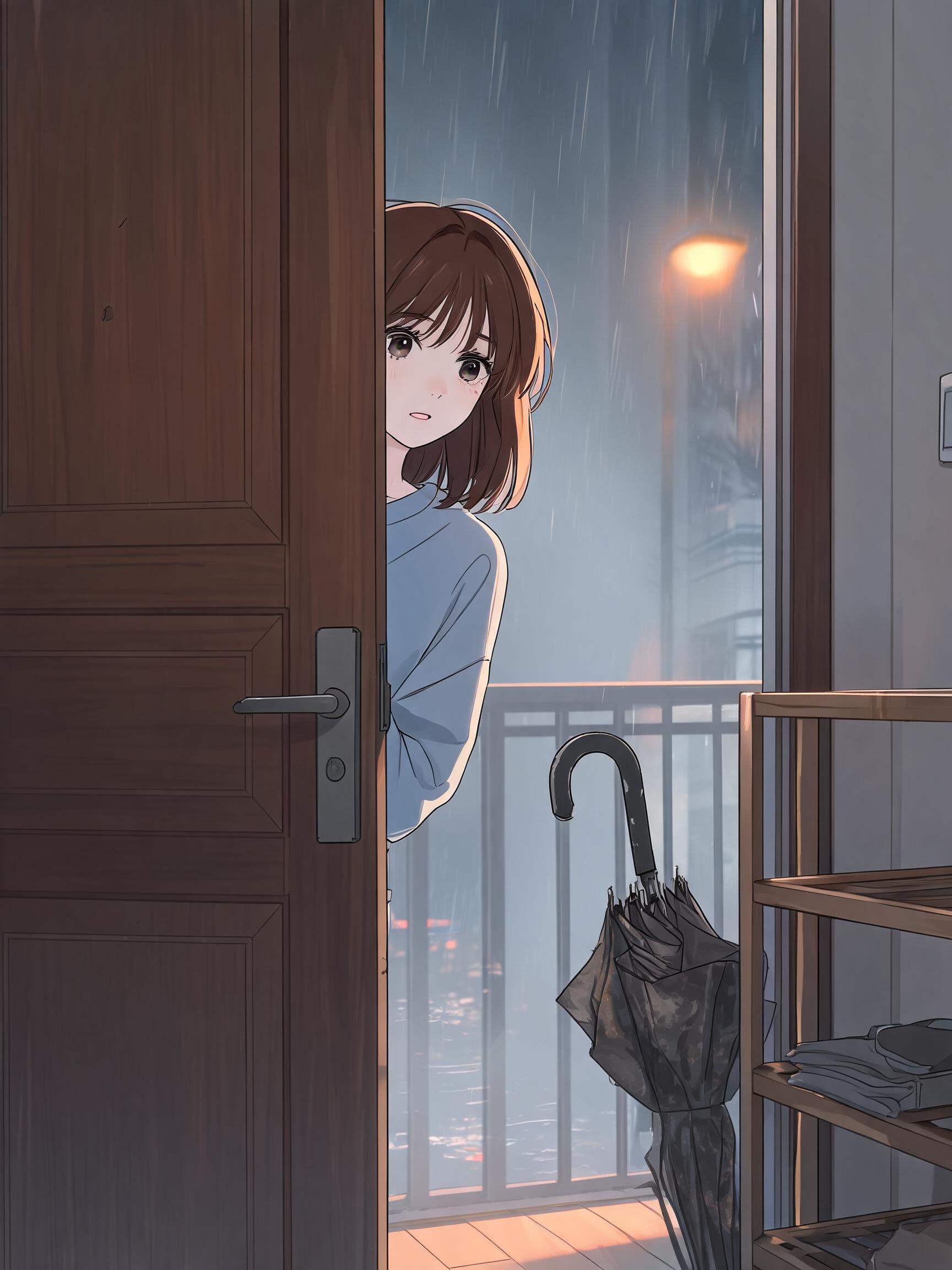 女生躲在玄关门后,盯着角落的旧雨伞