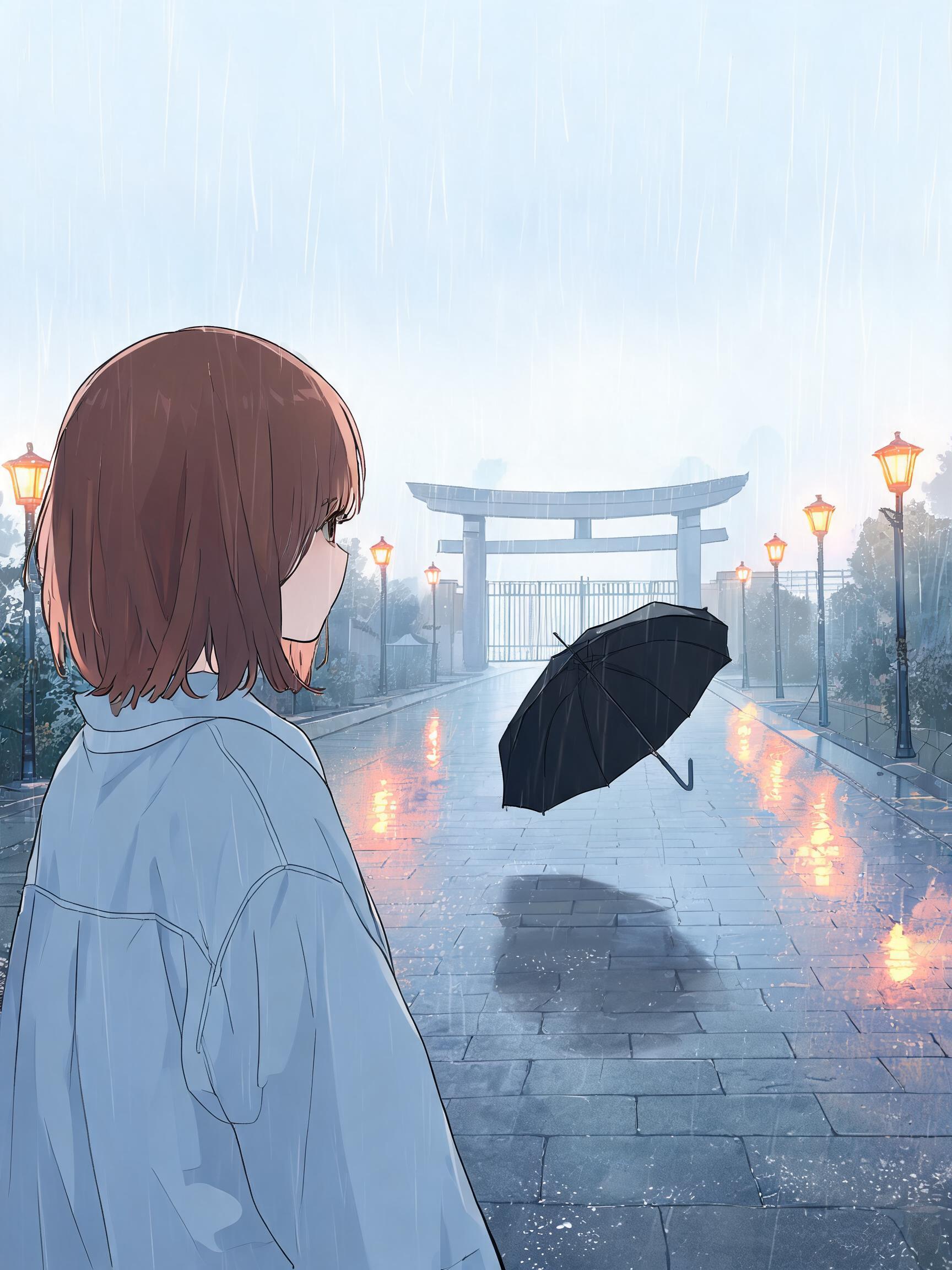 女生跟着雨伞走在雨天的街道上,远处是高中校门