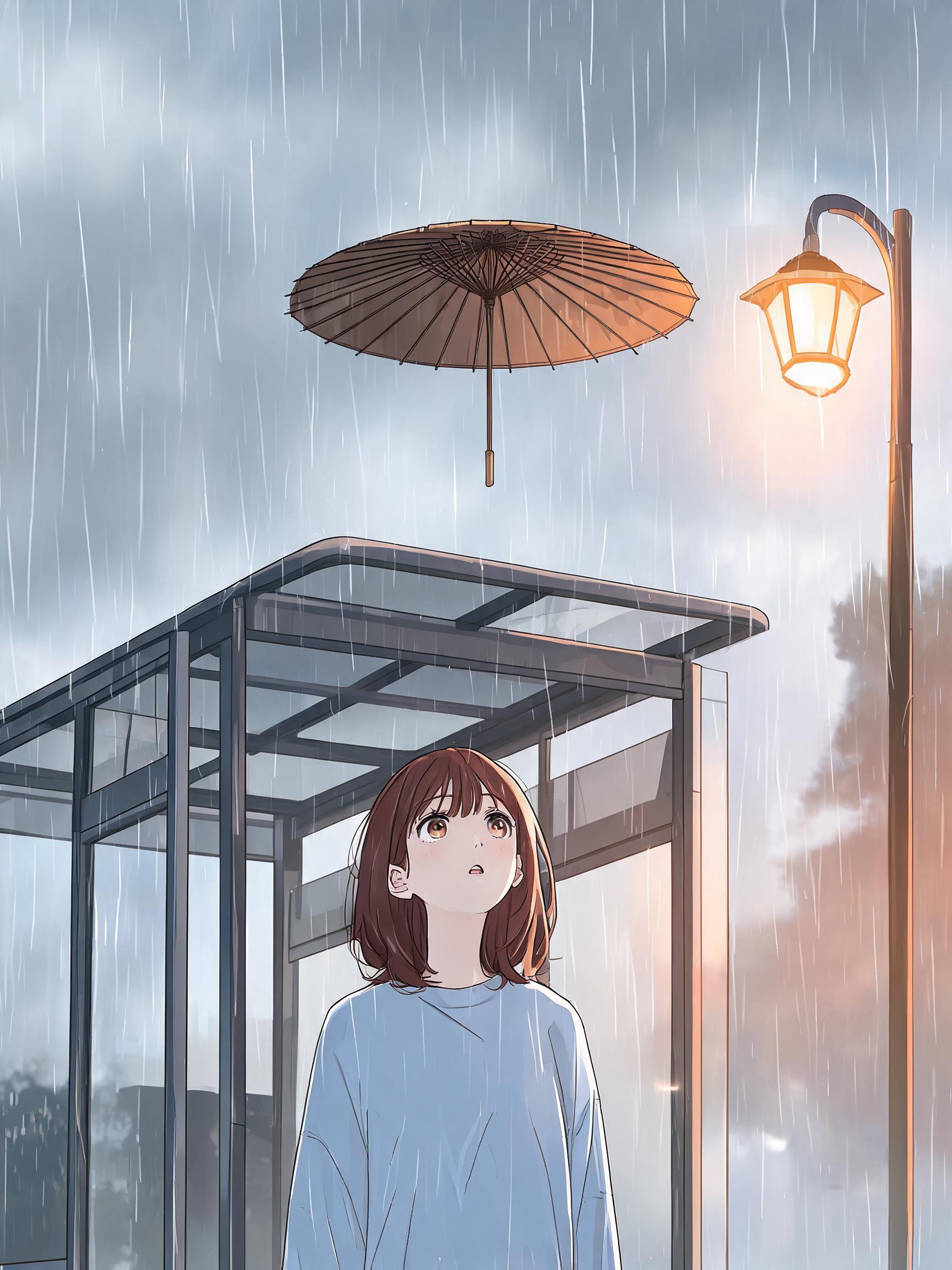 旧雨伞飘在公交站,为穿校服的小姑娘挡雨
