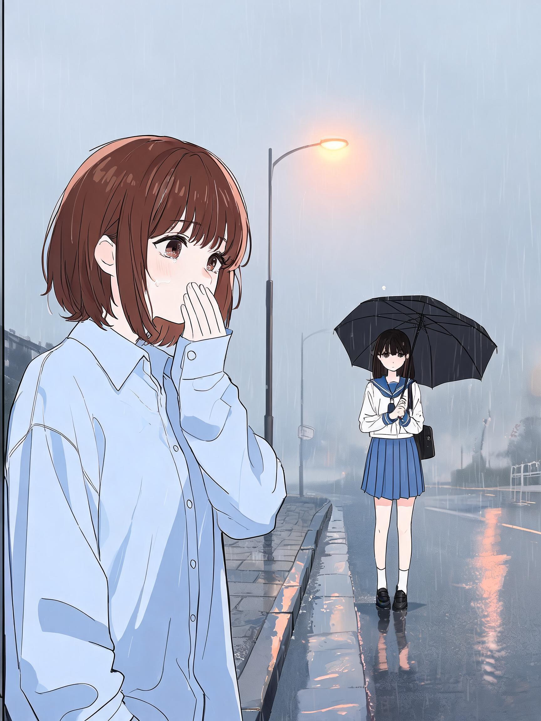女生站在路边看着躲雨的小姑娘,眼眶泛红