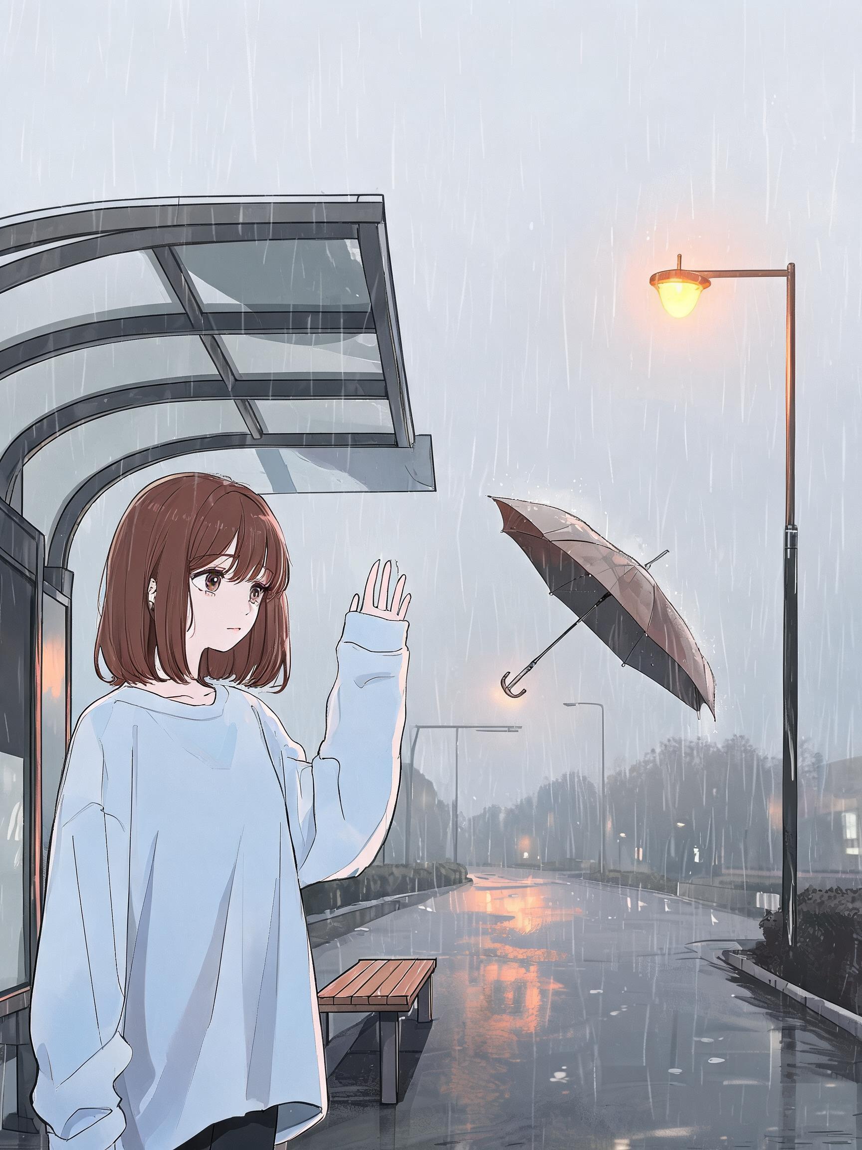 雨伞飘回女生身边,远处小姑娘笑着挥手告别