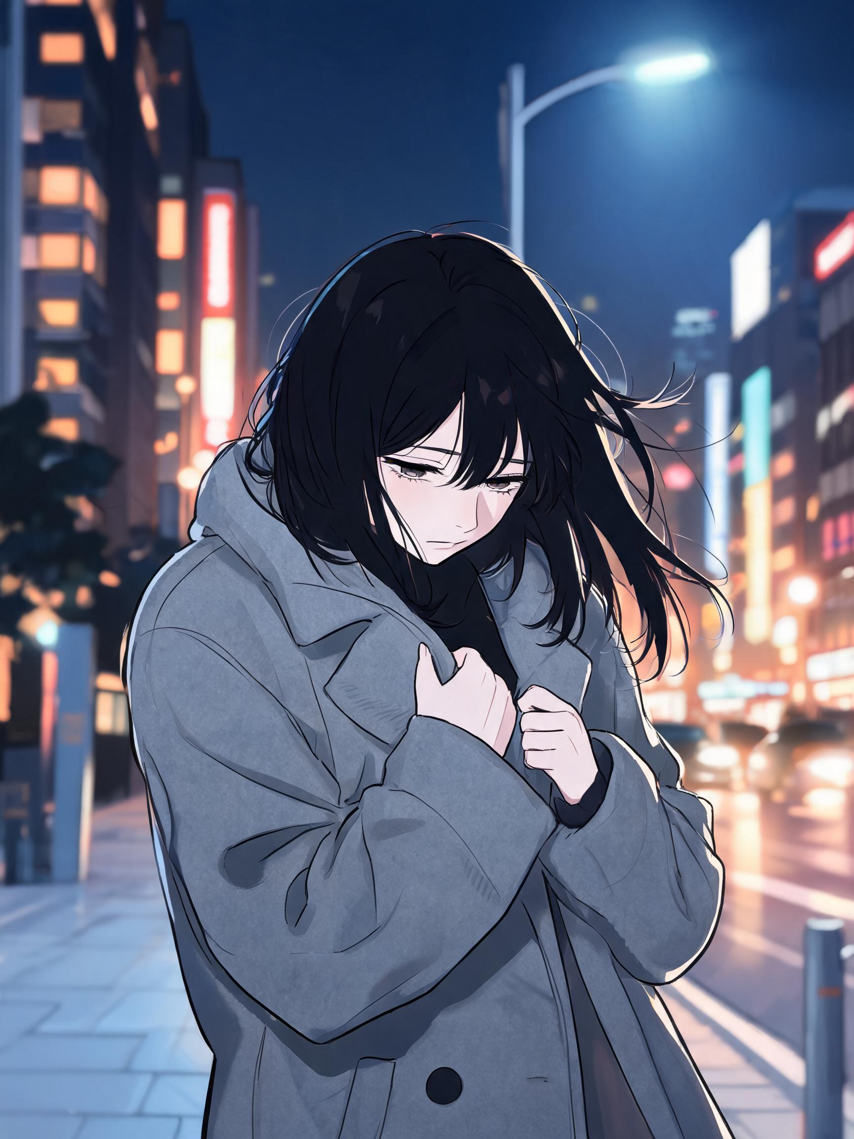 深夜寒风里裹紧大衣赶路的年轻女孩