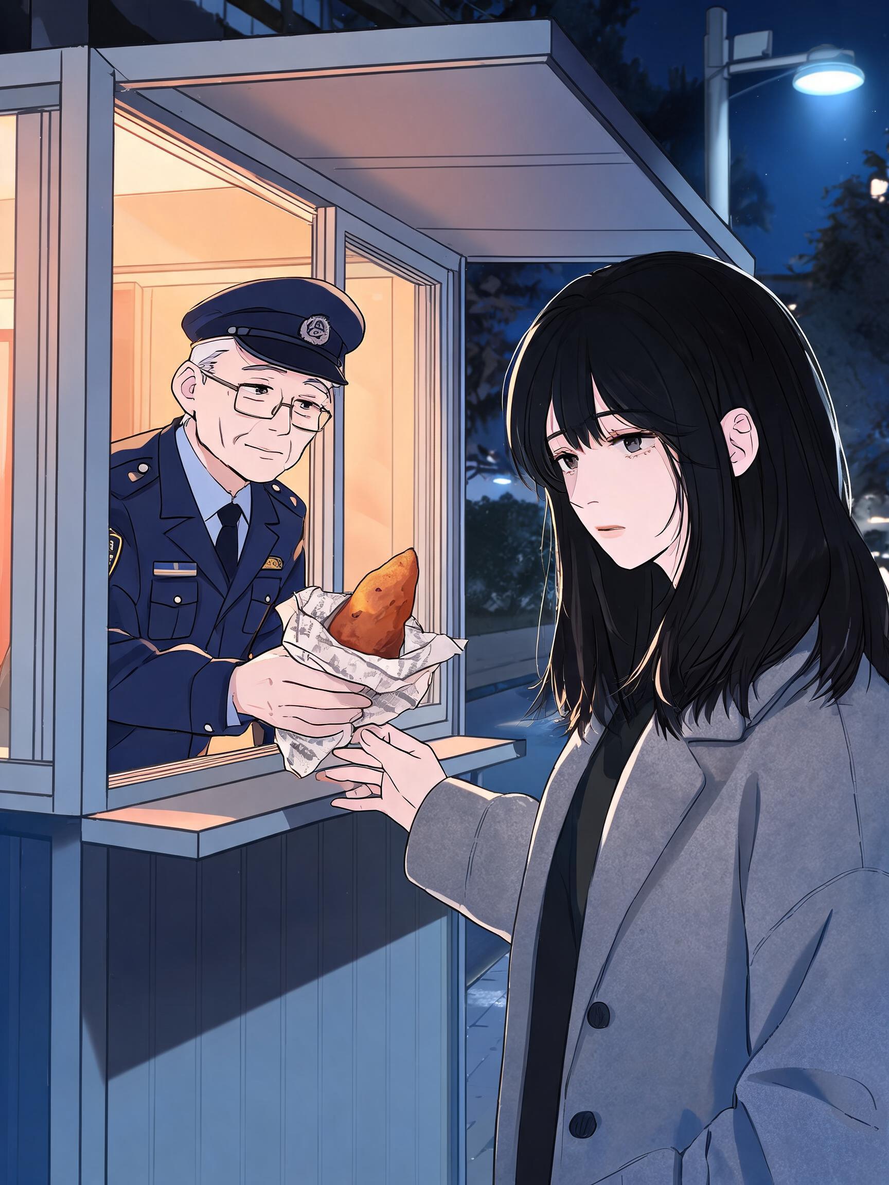 小区保安隔着窗户给女孩递热红薯