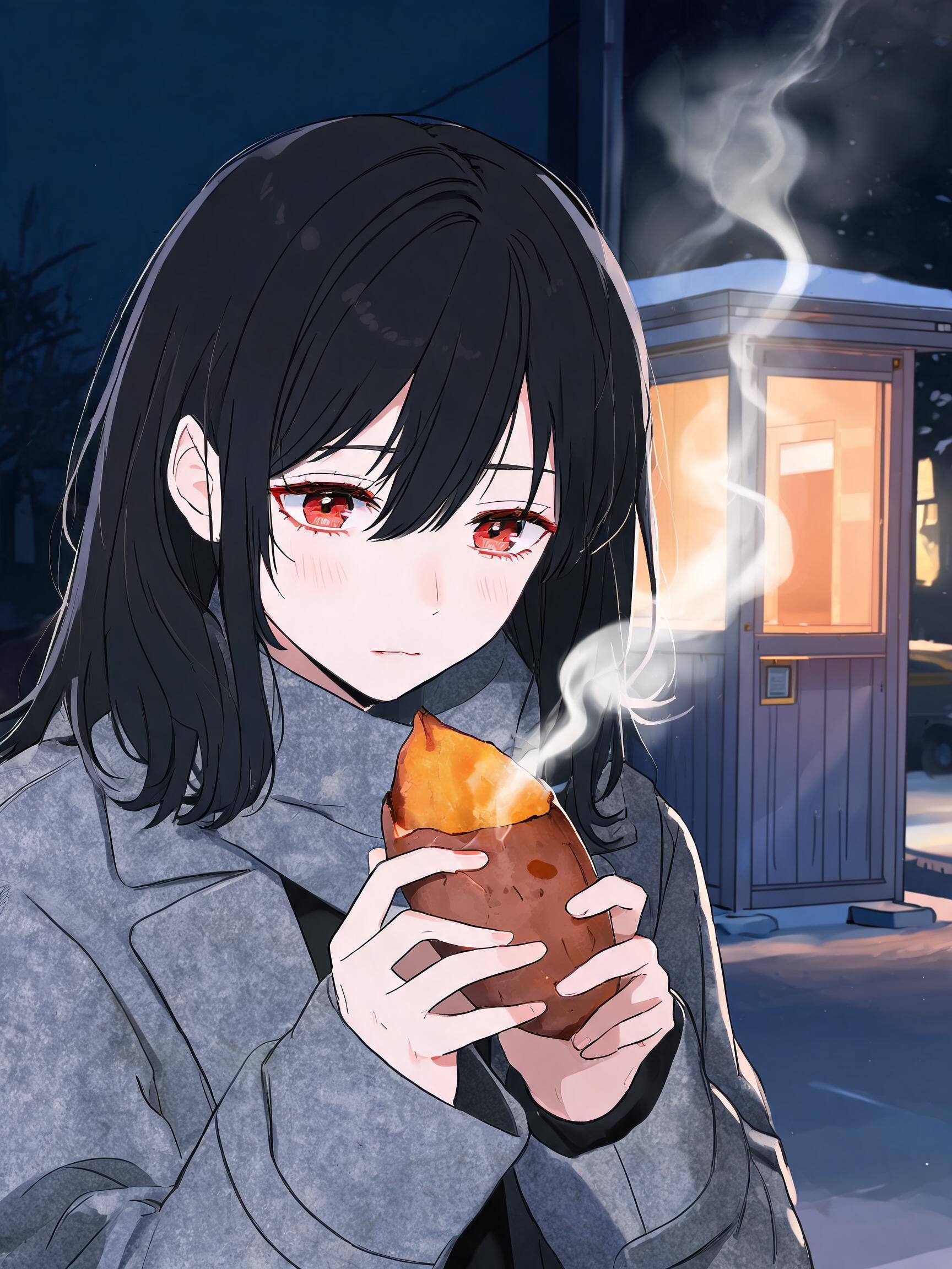 女孩捧着热红薯眼圈泛红，蒸汽缭绕