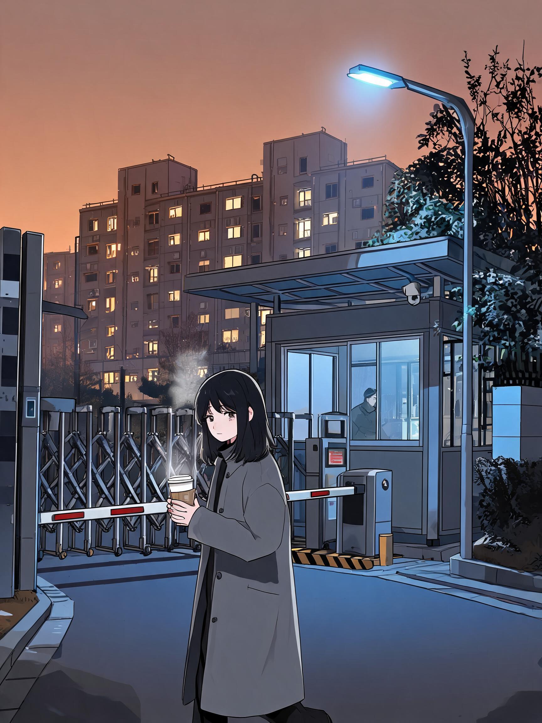 女孩拿着热茶走向小区保安岗亭